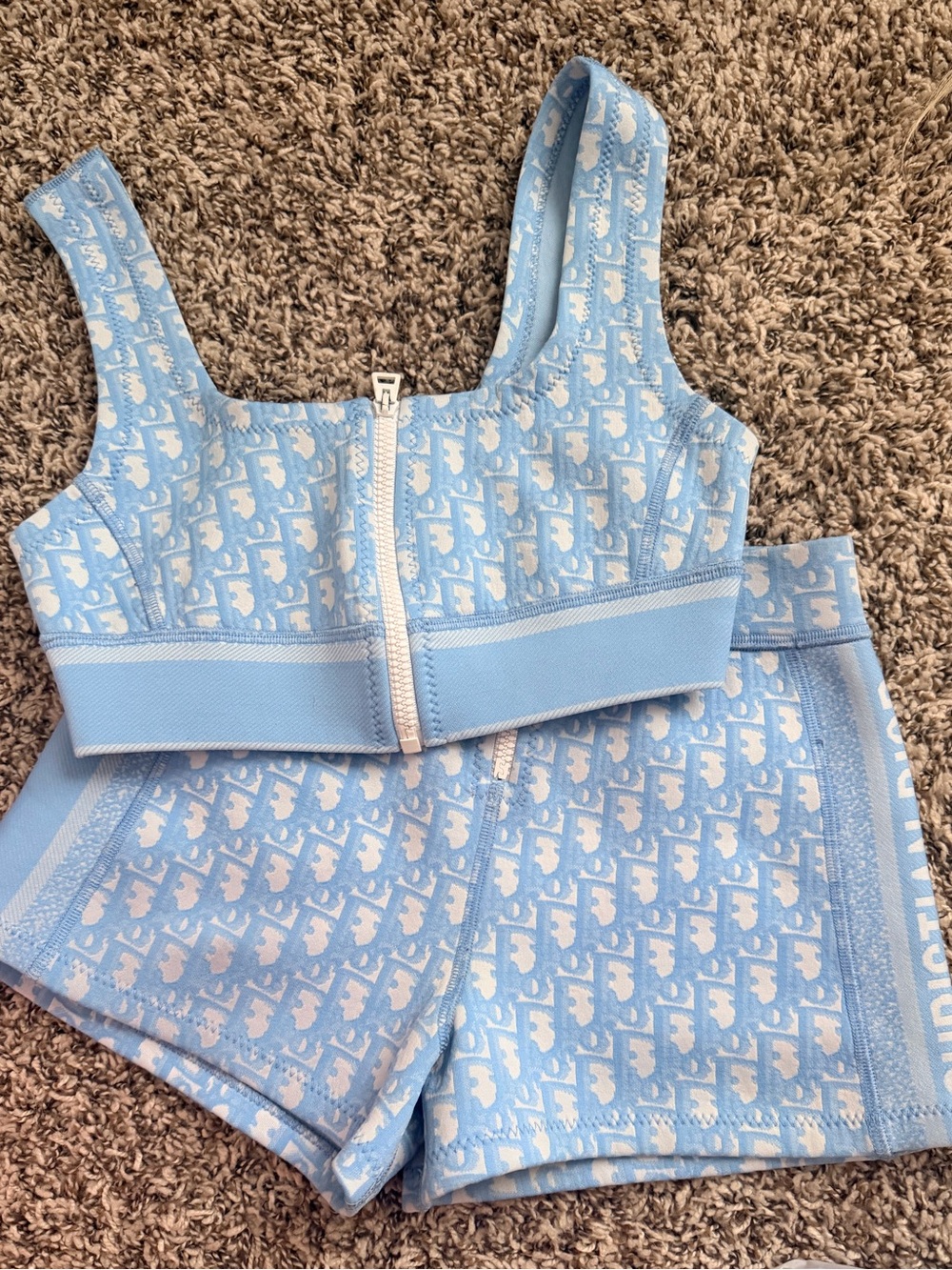 Dior Light Blue & White Monogram Crop Top and short set